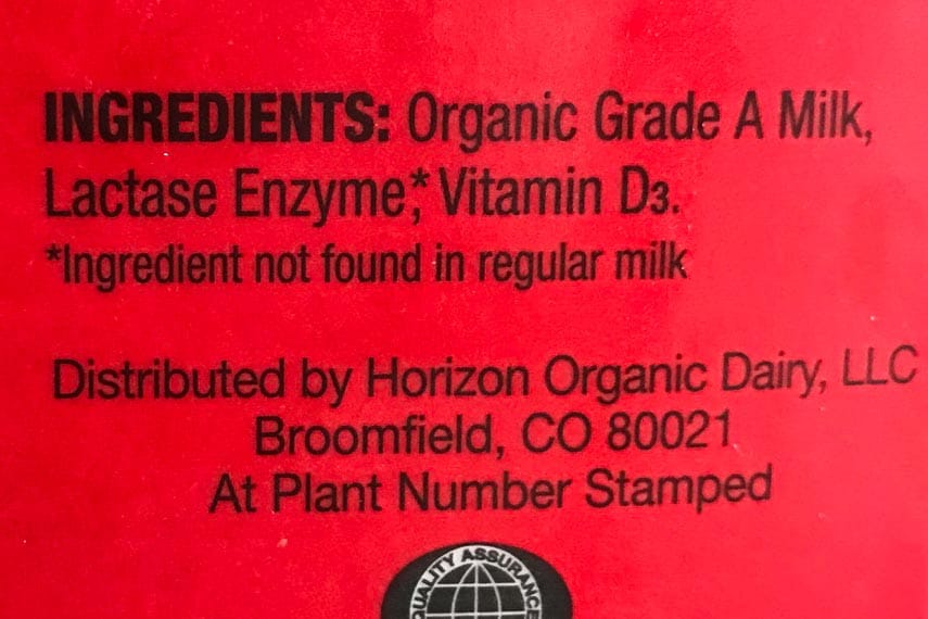 Red label from Horizon organic lactose free whole milk