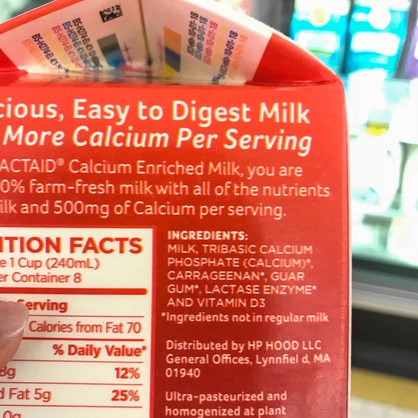 label of enriched lactose free milk