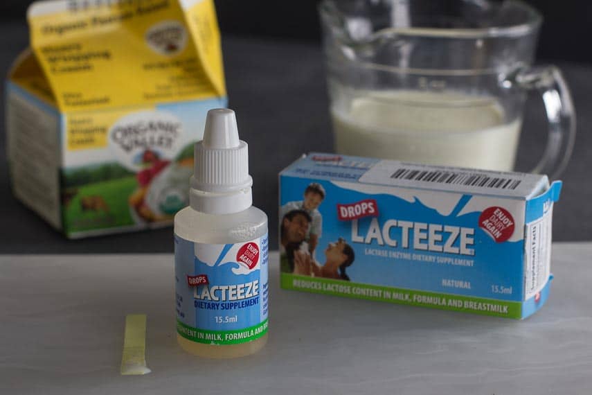 DIY Lactose-Free Dairy. Lacteeze lactase enzyme next to a glucose test strip