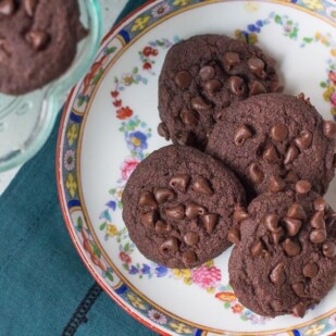 low fodmap double chocolate shortbread cookies on floral plate