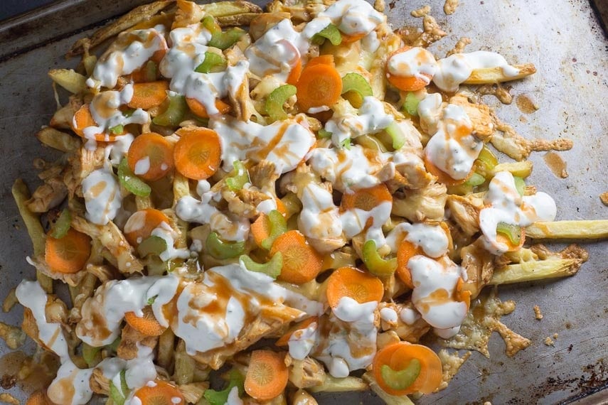 overhead of low FODMAP Buffalo Chicken Fries on sheet pan