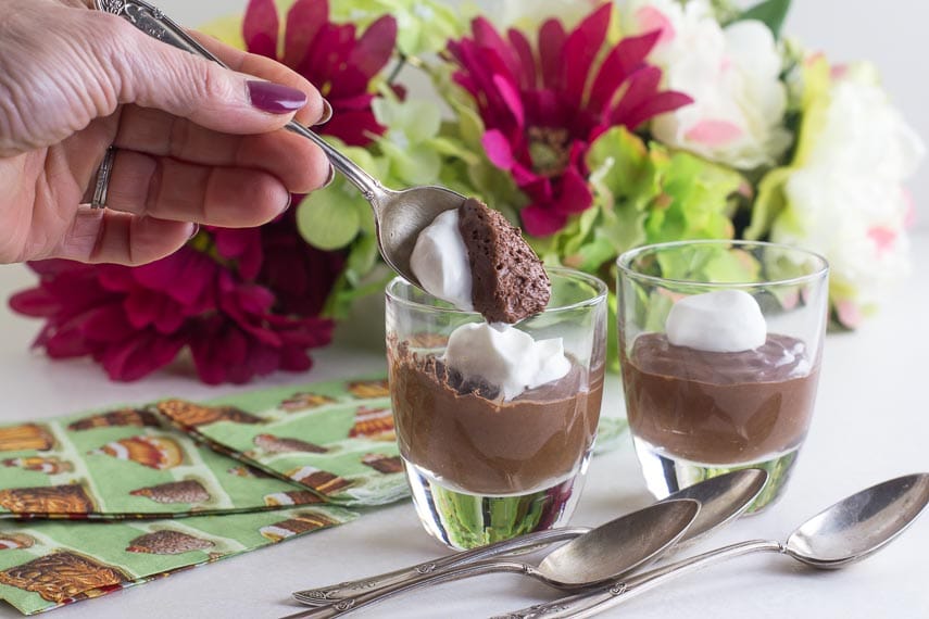 spoonful of Low FODMAP Irish Whiskey Chocolate Mousse with whipped cream