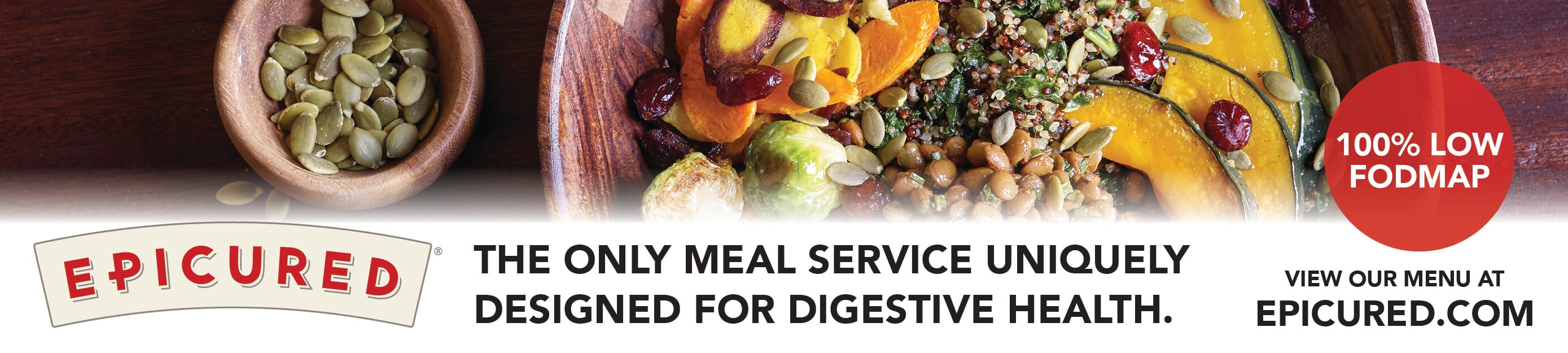 Banner for Epicured's meal service with image of pumpkin seeds and autumnal vegetable dish