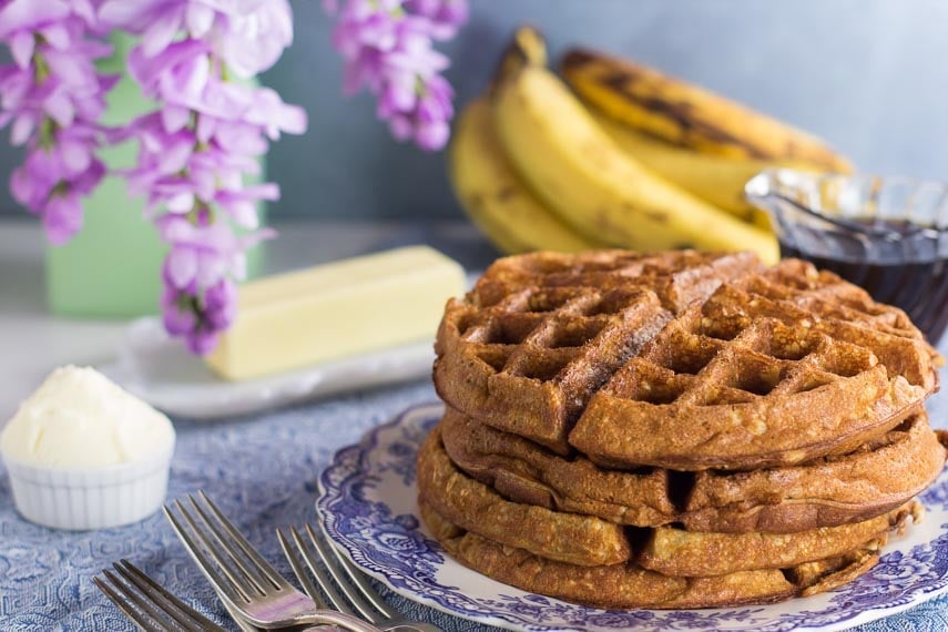 low FODMAP Banana Oat Waffles on blue and white plate