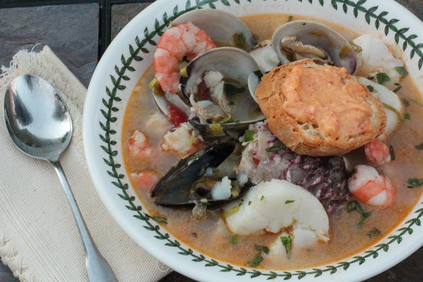 low FODMAP Bouillabaisse in a shallow bowl