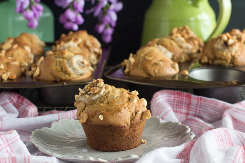 low FODMAP Peanut Butter & Banana Muffins; on plate and in pans