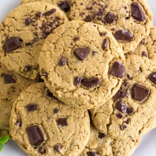 overhead image of Low FODMAP Chewy Peanut Butter Chocolate Chunk Cookies on white plate