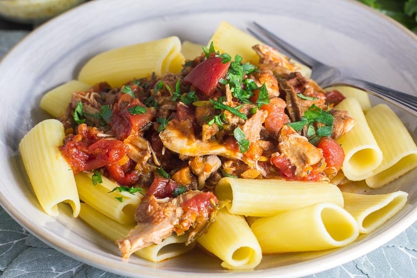 Low FODMAP Braised Chicken & Mushroom Ragu in grey bowl with fork alongside