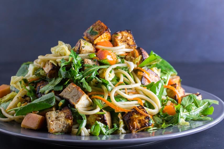 main image of Low FODMAP Asian Tofu Noodle Papaya Salad on a gray plate against dark background