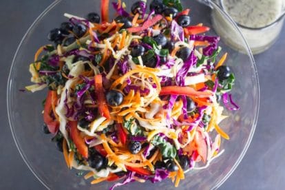 overhead shot of Low FODMAP Eat The Rainbow Slaw in clear glass bowl; dressing in background; dark surface