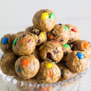 pile of Low FODMAP Trail Mix Energy balls in clear glass bowl