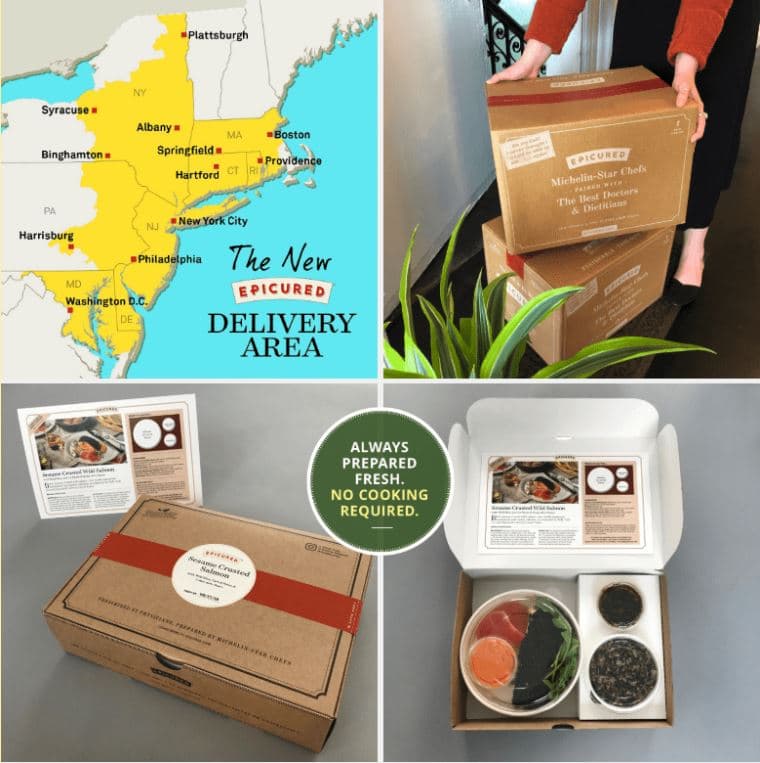 4 photos in a grid - boxes of food, and a map of a delivery area. 