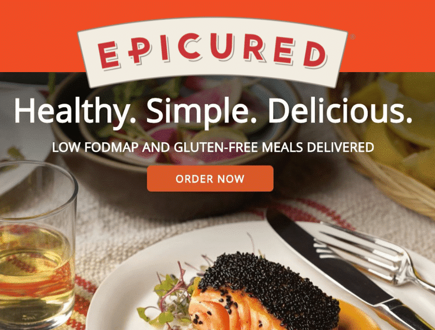 Epicured Ad with logo, over text that says Healthy, Simple. Delicious - and order now. With a picture of beautifully prepared salmon on a plate with a glass of wine. 