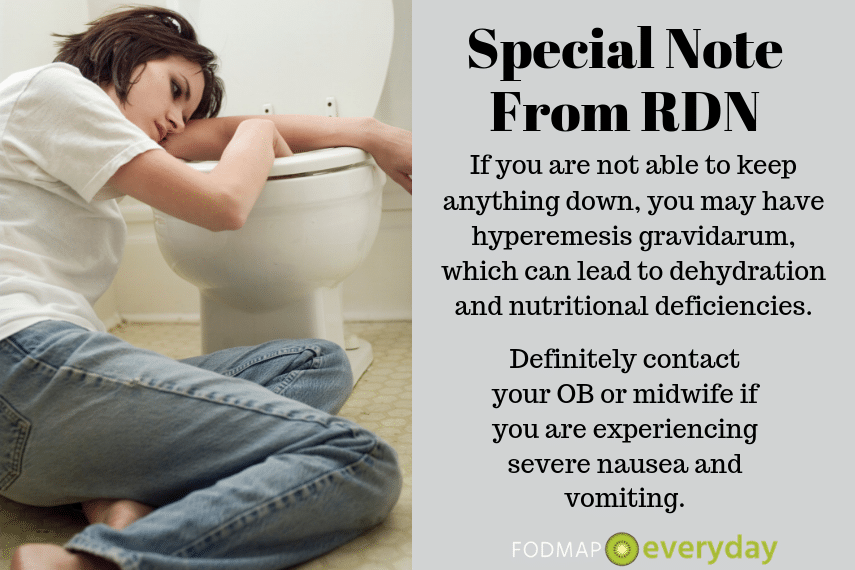 a young woman draped over the toilet looking worn out from vomitting - alongside a special note from an RD about hyperemesis gravidarum. 