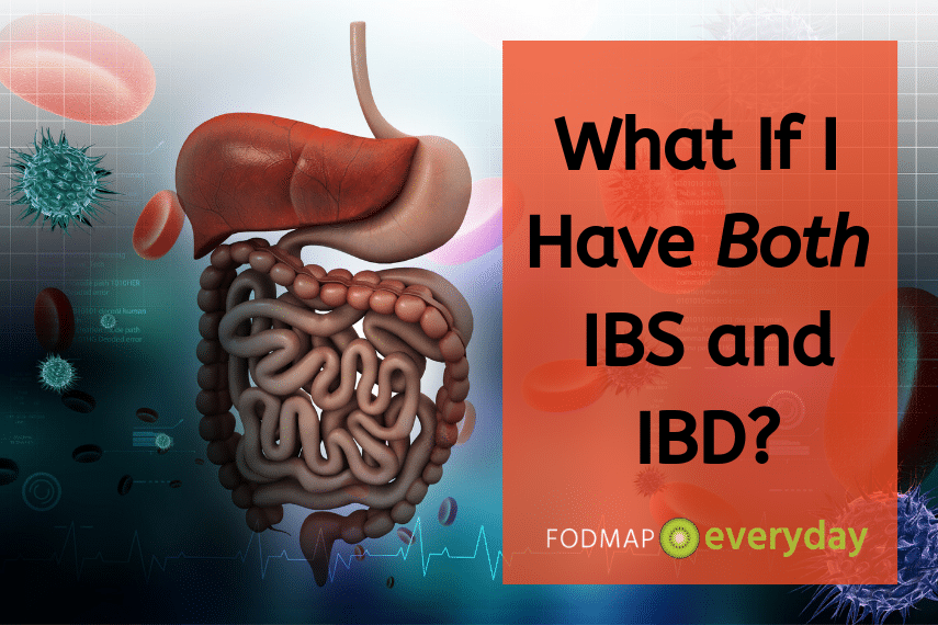 illustrated image of intestinal system with background filled with medical icons and text that reads "what if I have both IBS and IBD?"