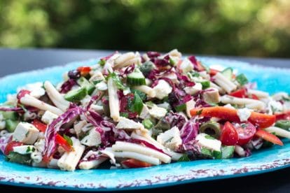 close side view of Low FODMAP Mediterranean Pasta Salad on an oval aqua platter