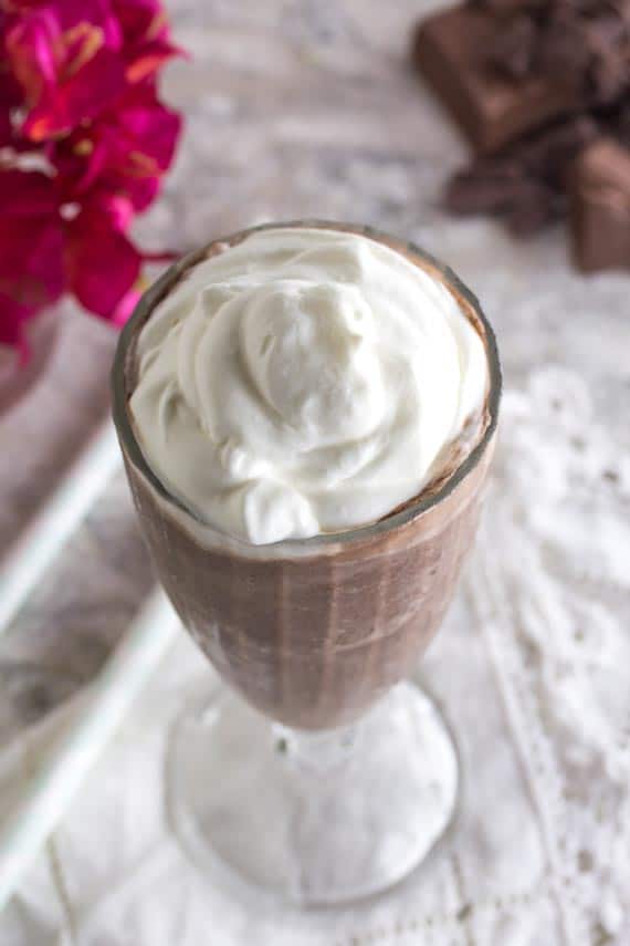 overhead shot of Low FODMAP Frozen Hot Chocolate with whipped cream; straws, flowers and chocolate in background
