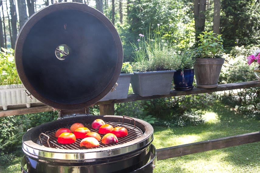 tomatoes and peaches starting to cook on the grill for Salsa on the deck