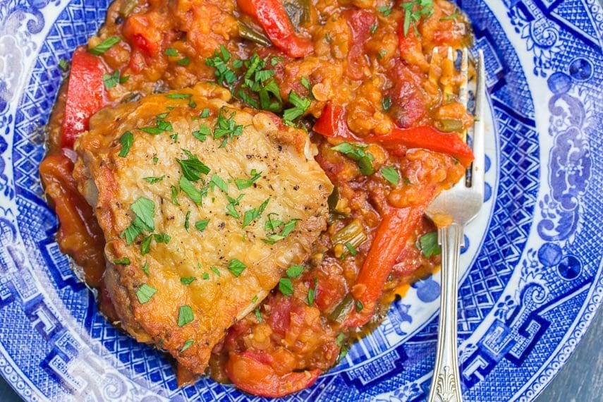 Low FODMAP Chicken & Lentils, closeup, on blue and white plate with silver fork