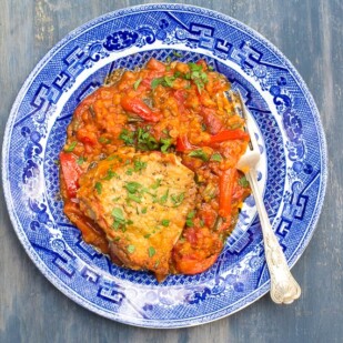 Low FODMAP Chicken & Lentils on a blue and white plate and blue painted background