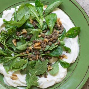Low FODMAP Lentil Salad with Greens on a green plate; tile surface