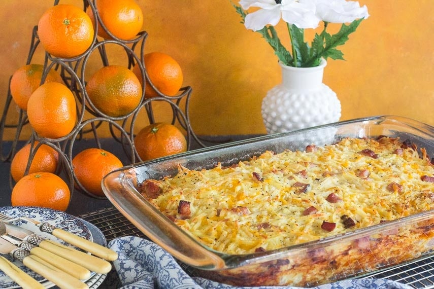 Low FODMAP Breakfast Casserole in baking dish on cooling rack