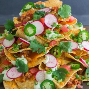 Side view of mile high low FODMAP chili nachos