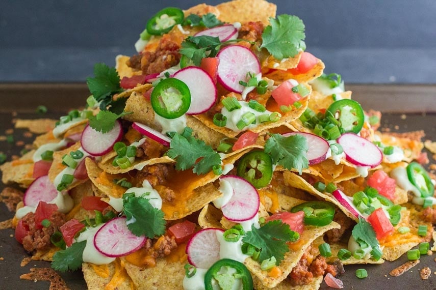 Side view of mile high low FODMAP chili nachos