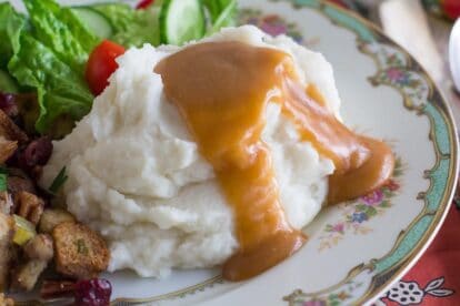 closeup of Low FODMAP vegetarian gravy on mashed potatoes