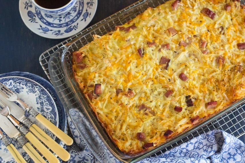 overhead Low FODMAP Breakfast Casserole in baking dish on a cooling rack