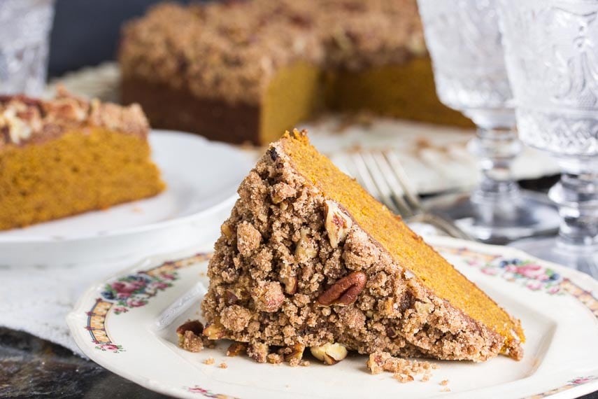 slice of Low FODMAP Pumpkin Gingerbread Streusel Coffee Cake showing streusel