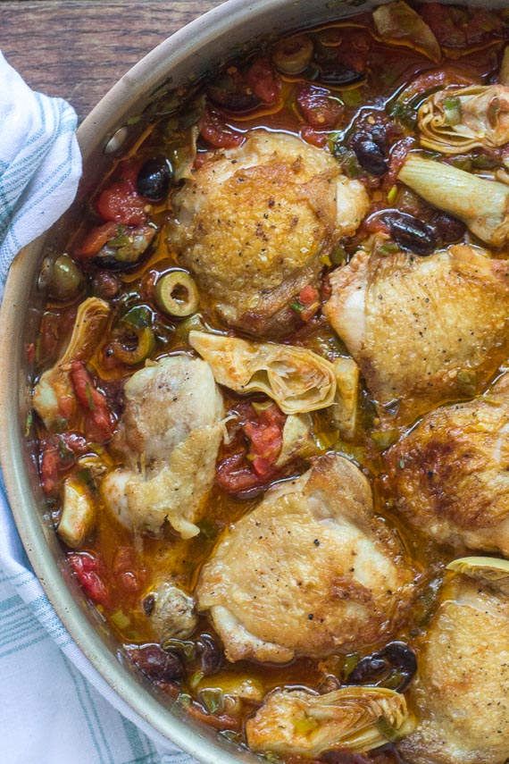 vertical image of One-Pan Low FODMAP Chicken, Artichokes & Olives
