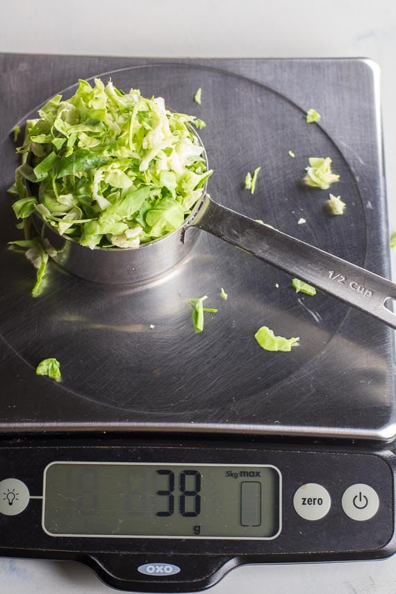 38 g of shredded Brussels sprouts on a scale