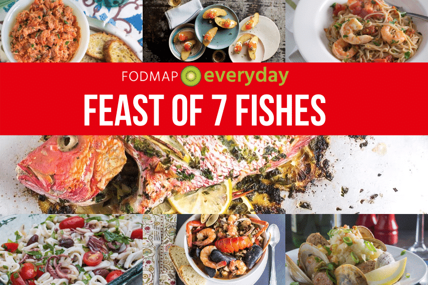 Collage of different seafood meals with red text overlay reading "feast of 7 fishes"