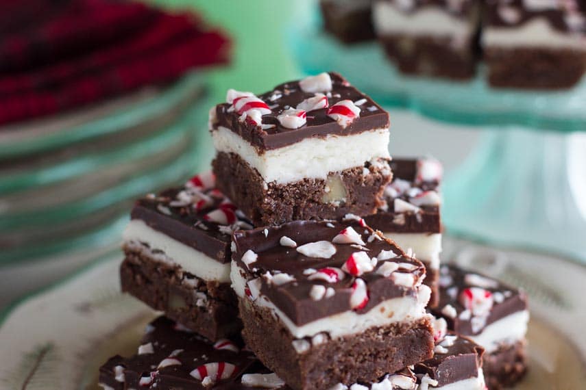 closeup of a stack of Low FODMAP Peppermint Brownies
