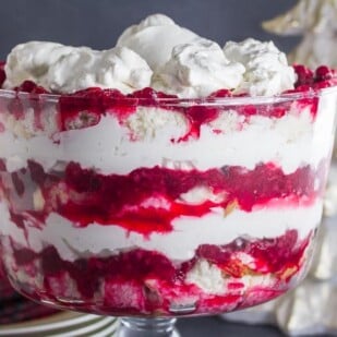 low FODMAP Cranberry Raspberry Cheesecake Trifle in glass trifle bowl
