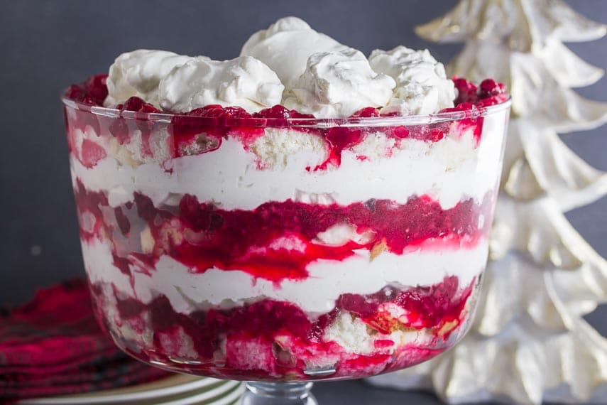 low FODMAP Cranberry Raspberry Cheesecake Trifle in glass trifle bowl