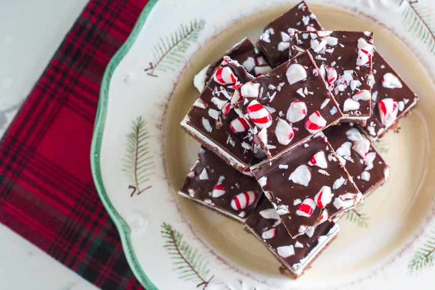 overhead of Low FODMAP Peppermint brownies on decorative plate; plaid napkin