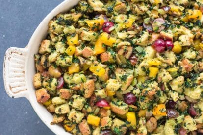 partial view of Loaded Low FODMAP Vegetarian Stuffing in oval dish