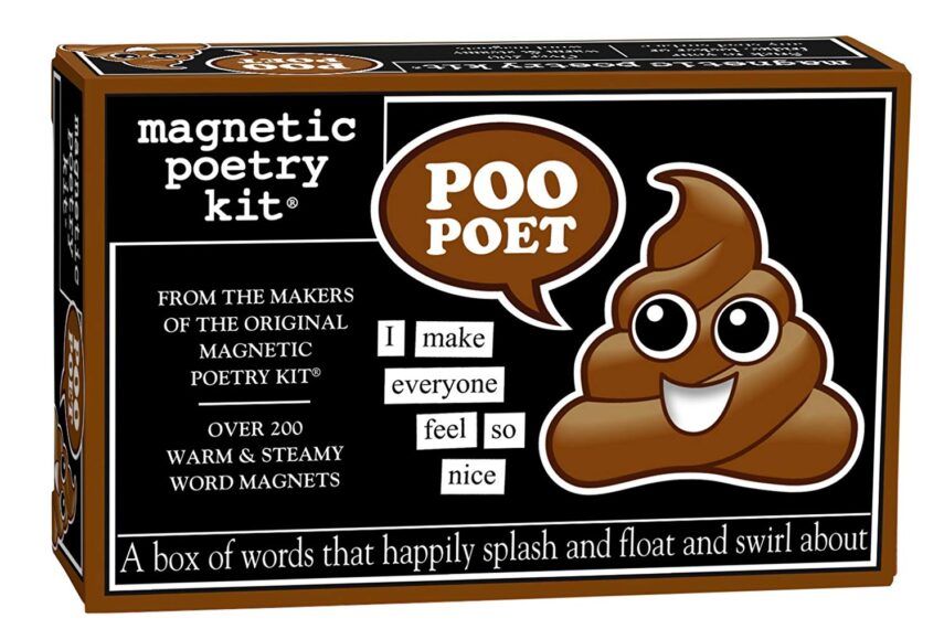 Packaging for the magnetic poetry kit for "poo poet" with cartoon image of poo