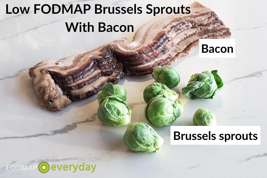 Brussels Sprouts With Bacon on gray quartz surface