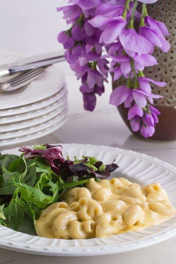 Creamy easy stovetop mac and cheese on white plate with salad; purple flowers in background with stack of plates on the left