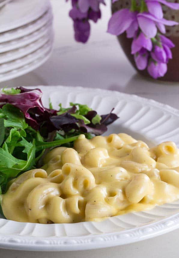 Creamy mac and cheese on white plate wih salad