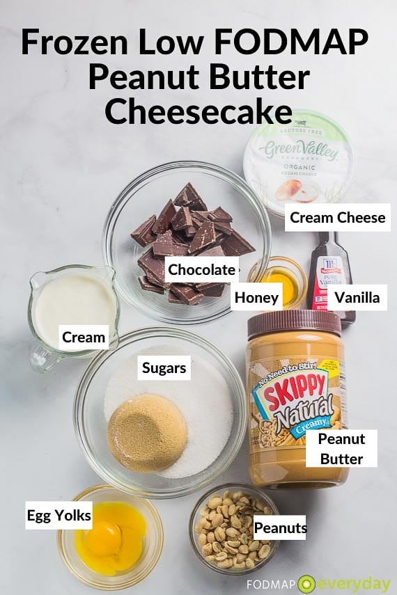 Ingredients for Frozen Low FODMAP Peanut Butter Cheesecake on grey background