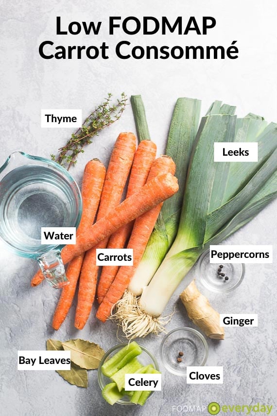 Ingredients for Low FODMAP Carrot Consommé on grey background