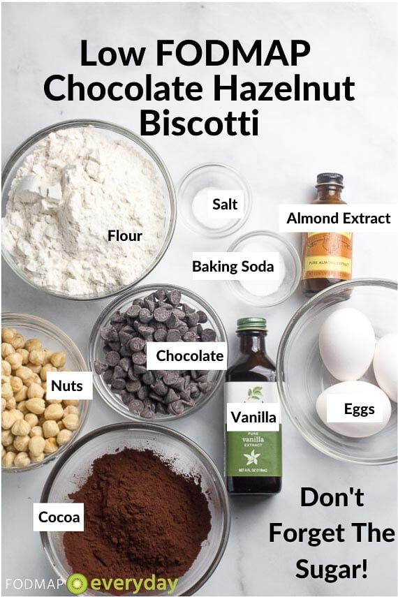 Ingredients for Low FODMAP Chocolate Hazelnut Biscotti on grey backdrop