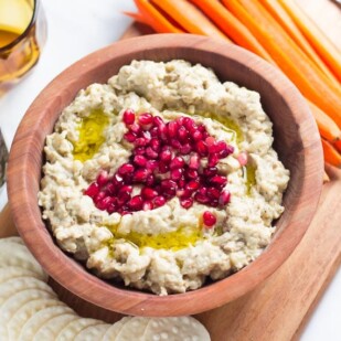 Low FODMAP eggplant dip in wooden bowl garnished with pomegranate seeds-2