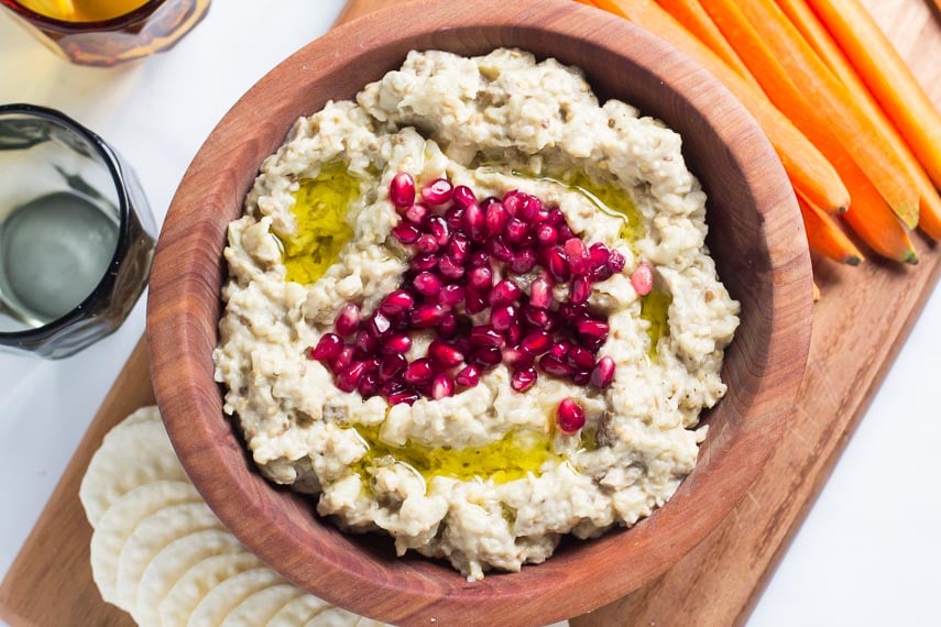 Low FODMAP eggplant dip in wooden bowl garnished with pomegranate seeds-3