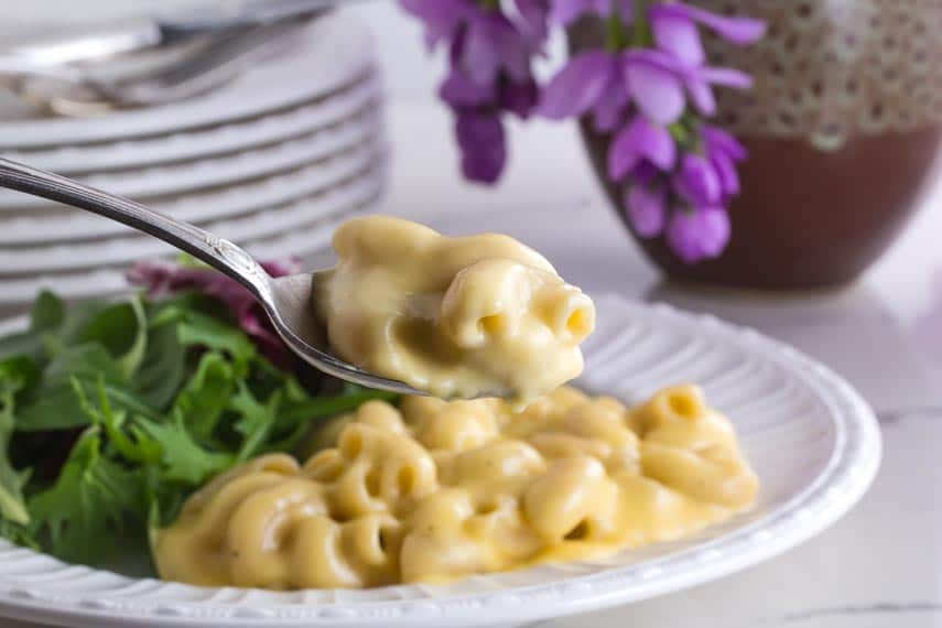 easy stovetop mac and cheese on a fork hovering over white plate holding a green salad