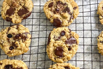 One-bowl low FODMAP peanut butter oatmeal chocolate chunk cookies on cooling rack